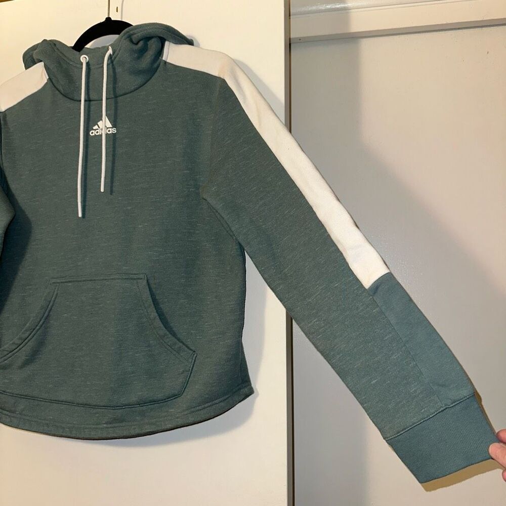 Adidas Small Hooded Drawstring Womens Sweatshirt Green White EUC - Picture 3 of 10